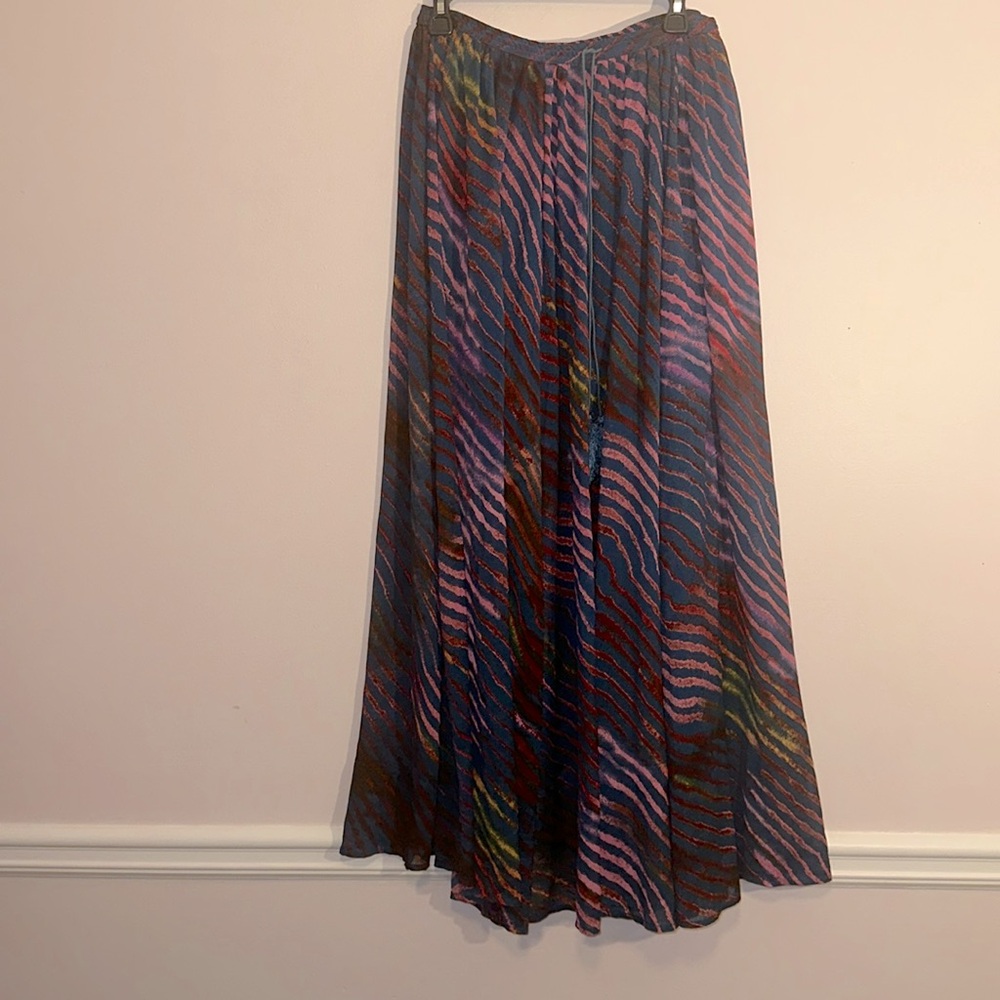 Free People Boho Maxi Skirt Elastic Waist Lined Pristine Blue Pink Stripes Sz M